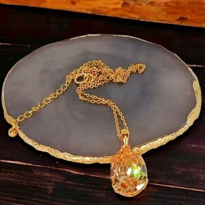 Pastel Orange Tear Drop Gemstone Gold Necklace Mafia Wife Glam Luxe Bling 1980s